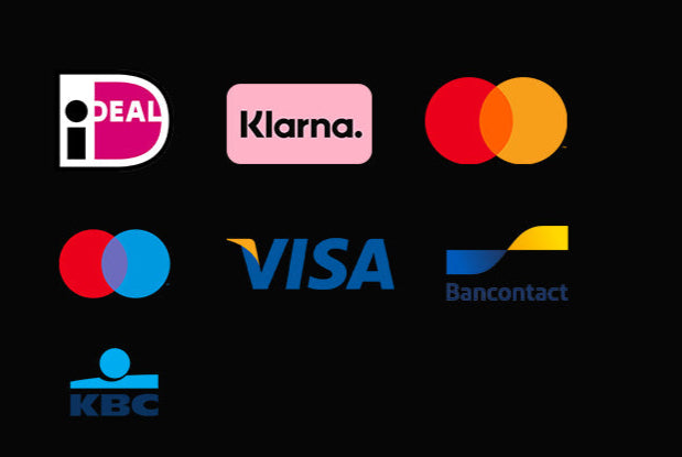 Logos of various payment methods including iDEAL, Klarna, Mastercard, Visa, Bancontact, and KBC on a black background.